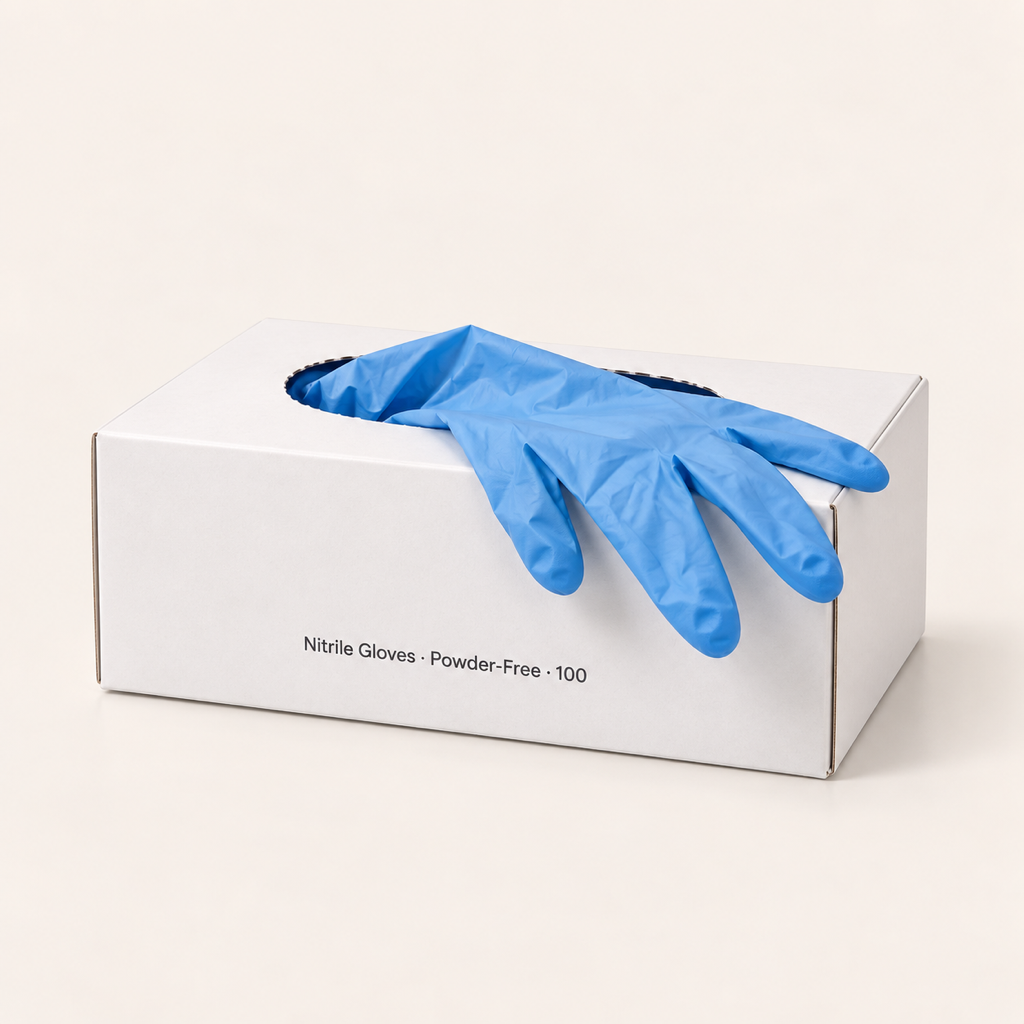Box of 100 powder-free blue nitrile laboratory gloves with one glove pulled from the dispenser opening