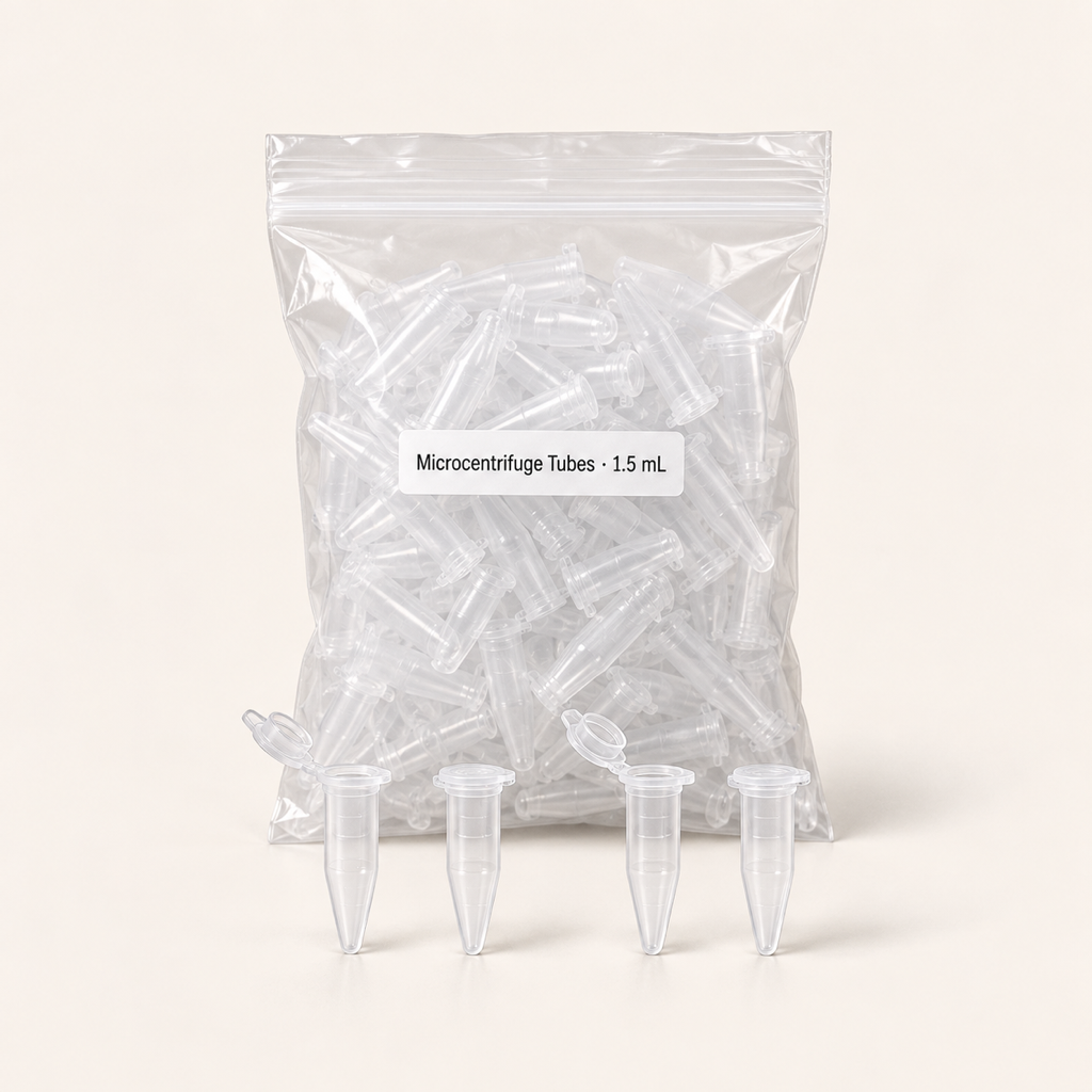 Sealed bag of clear 1.5 mL snap-cap microcentrifuge tubes with four tubes standing in front