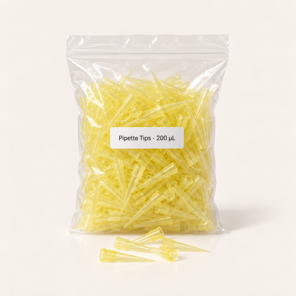 Sealed bag of yellow 200 µL disposable pipette tips with a few loose tips in front