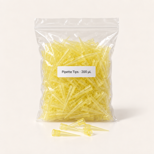 Sealed bag of yellow 200 µL disposable pipette tips with a few loose tips in front