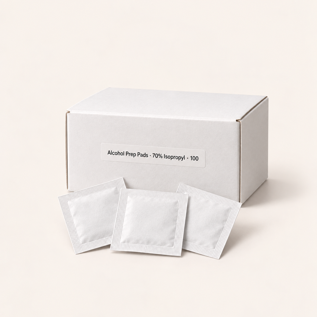 Box of 100 individually wrapped 70% isopropyl alcohol prep pads with three sealed packets in front
