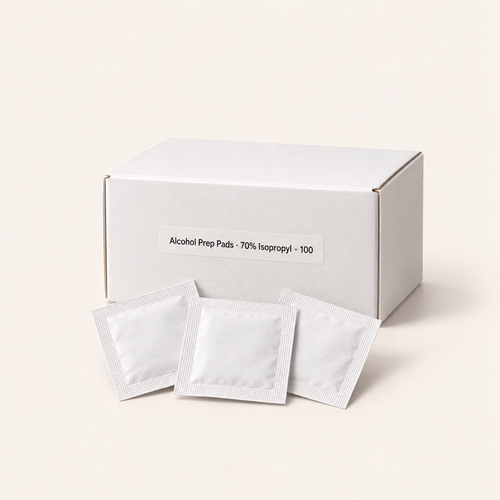 Box of 100 individually wrapped 70% isopropyl alcohol prep pads with three sealed packets in front