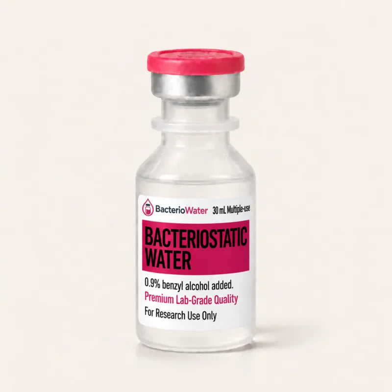 Single 30 mL vial of bacteriostatic water with pink flip-off cap and research-use-only label