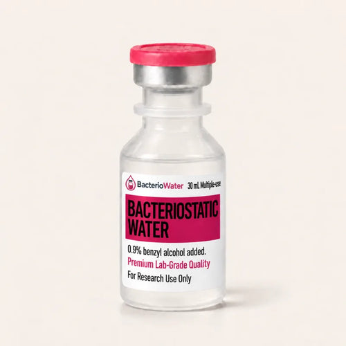Single 30 mL vial of bacteriostatic water with pink flip-off cap and research-use-only label