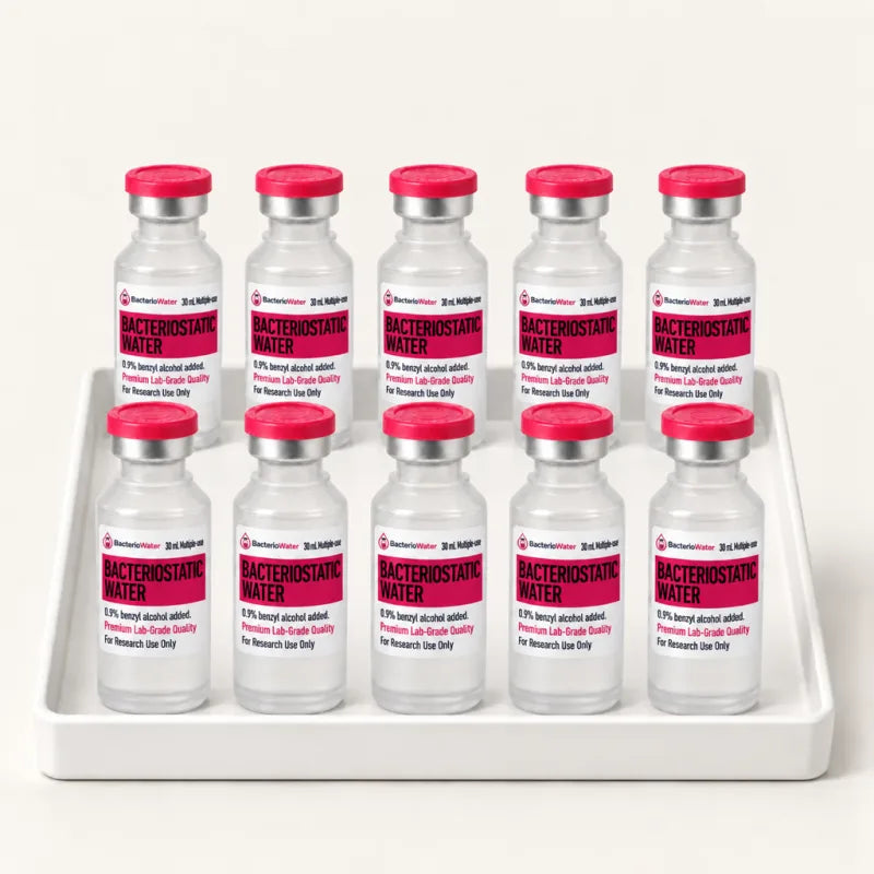 10-vial pack of bacteriostatic water, sealed 30 mL vials for laboratory research use only